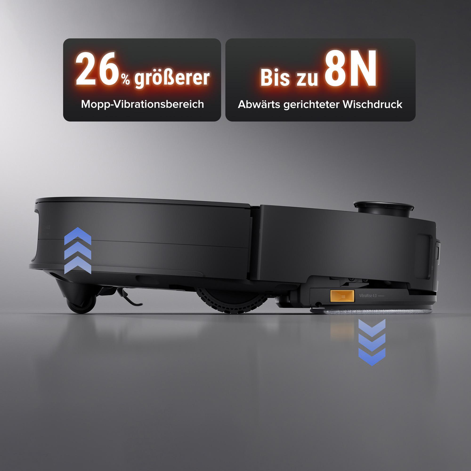 Ein schwarzer Roboter-Staubsauger mit Textfeldern, die Funktionen anzeigen. Pfeile zeigen Richtungen. Grauer Hintergrund.