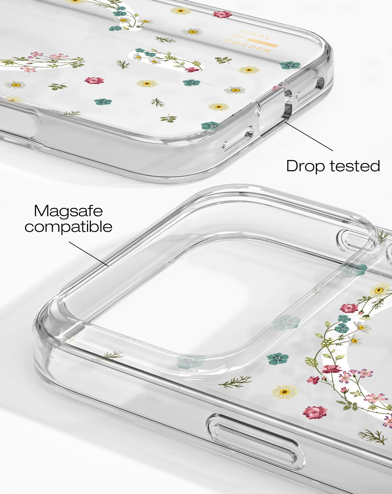 Átlátszó telefontok virágmintával, leejtés tesztelt. Magsafe kompatibilis. A háttér fehér.