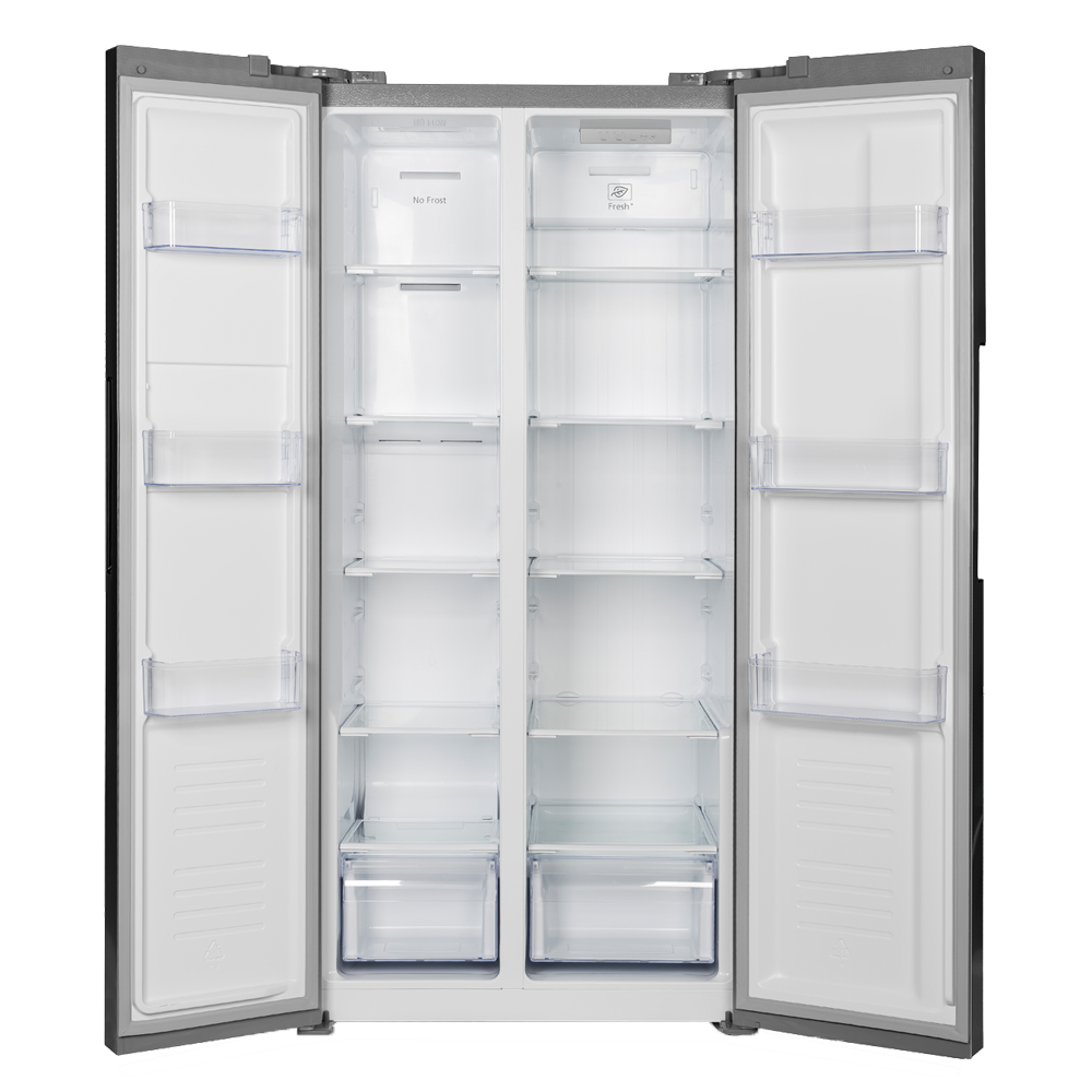 Refrigerador de doble puerta abierto. Interior con estantes y cajones. Exterior gris. Una puerta abierta en cada lado, revelando el interior.
