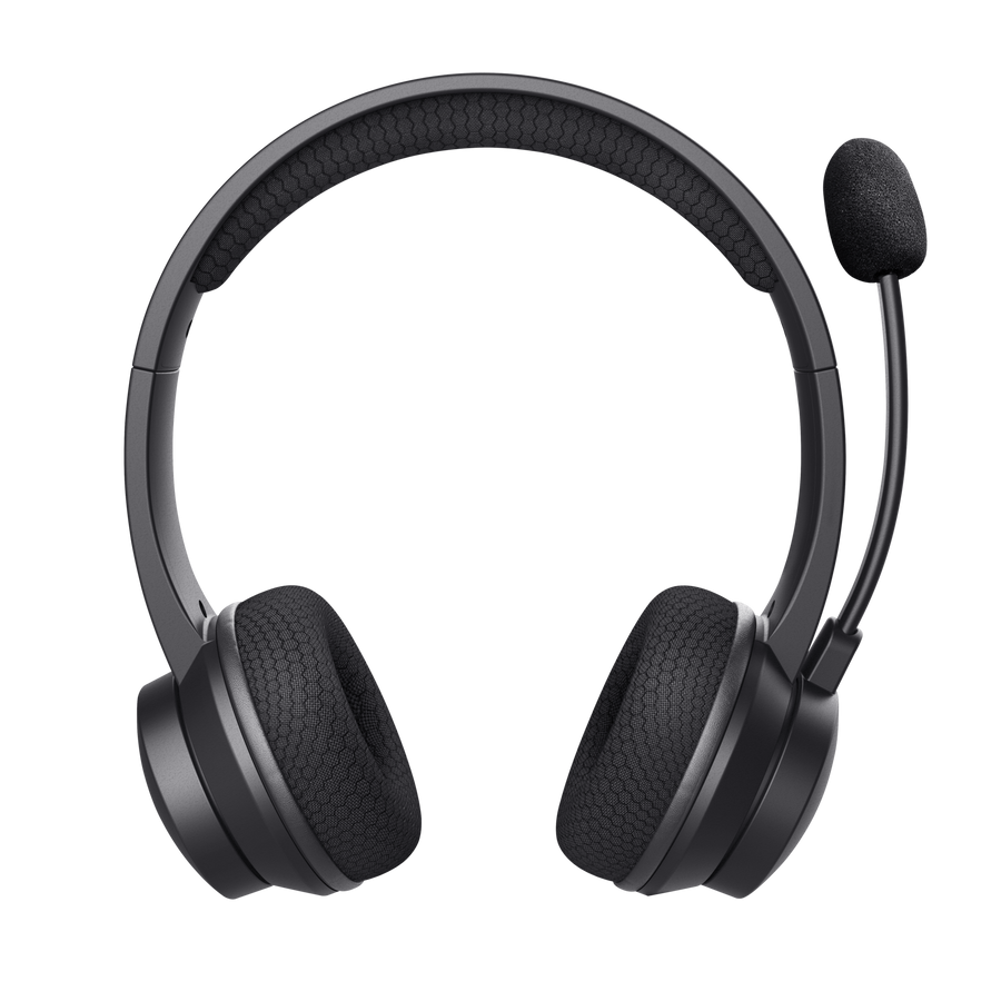 Auriculares negros con micrófono. Las orejeras y la diadema tienen un patrón de panal. El micrófono está a la derecha.