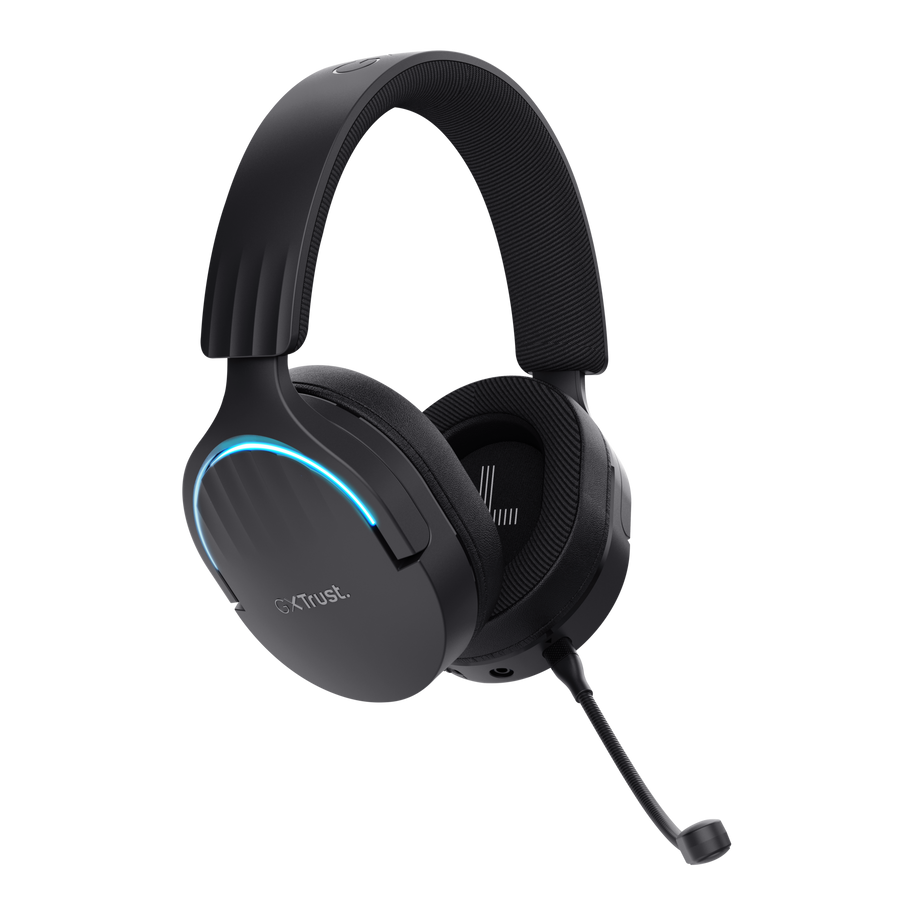 Auriculares gaming negros con detalles azules y micrófono. El auricular está en ángulo y aislado sobre fondo negro.