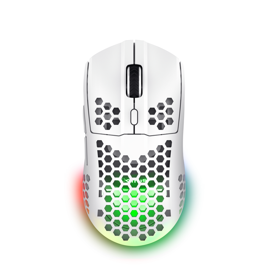 Ratón gaming blanco con diseño de panal y iluminación RGB. Incluye rueda de desplazamiento y varios botones.
