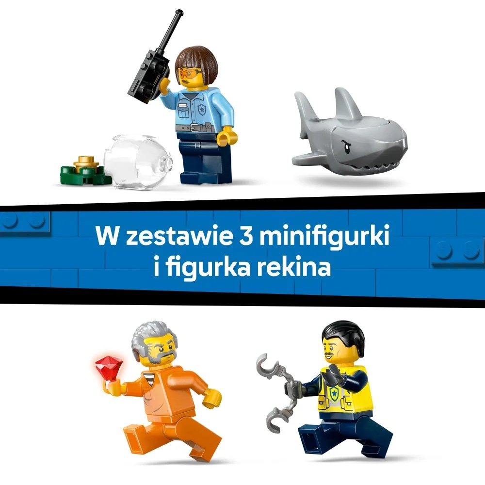 Zestaw Lego z policjantką, rekinem, więźniem z klejnotem i pracownikiem. Niebieskie tło z tekstem.