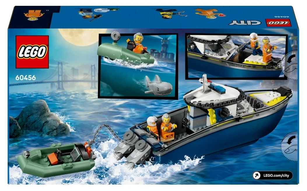 Zestaw Lego City przedstawiający łódź policyjną, łódź podwodną i ponton. Zawiera rekina i minifigurki w otoczeniu morza.