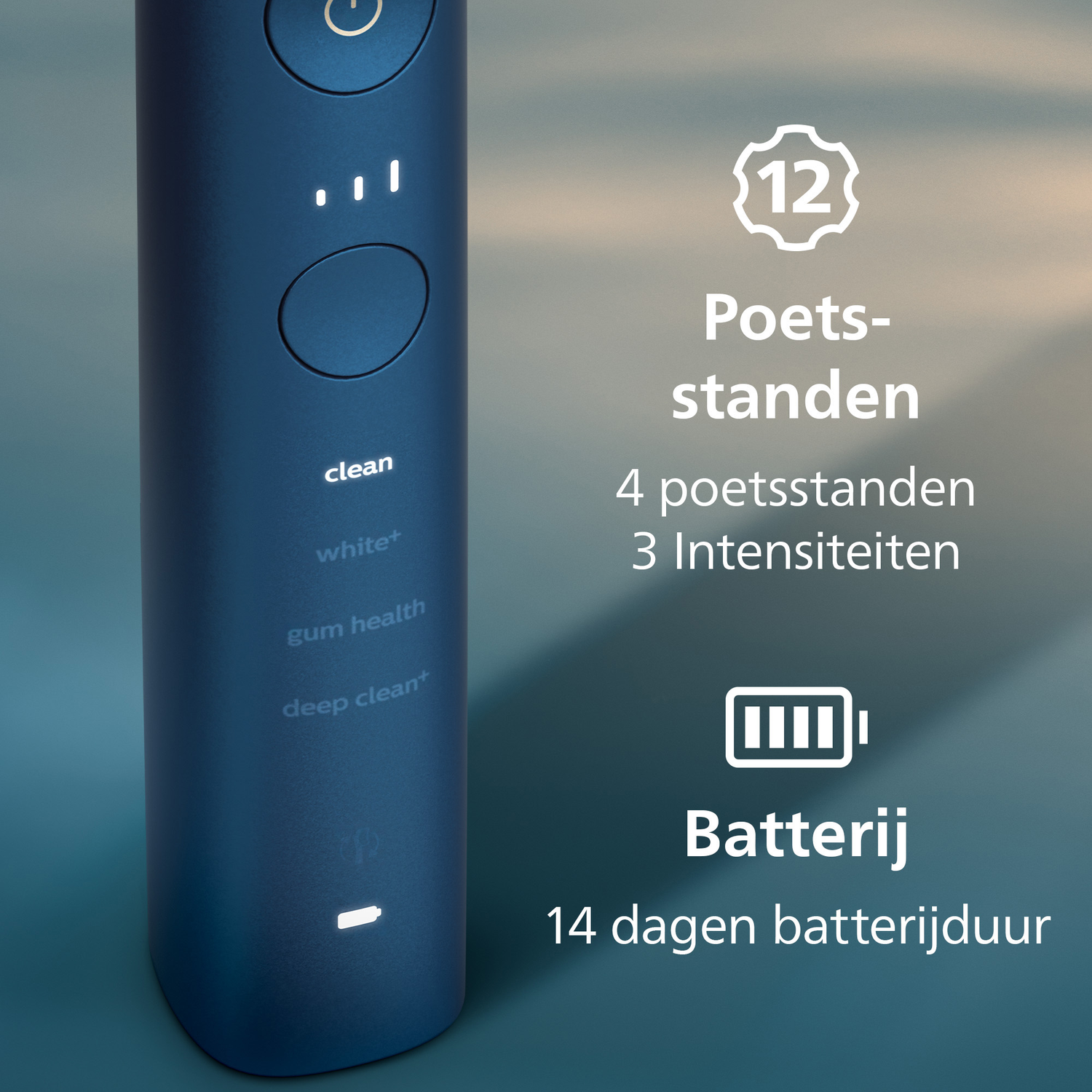 A dark blue electric toothbrush with power and mode indicators. Text shows cleaning modes and battery life.