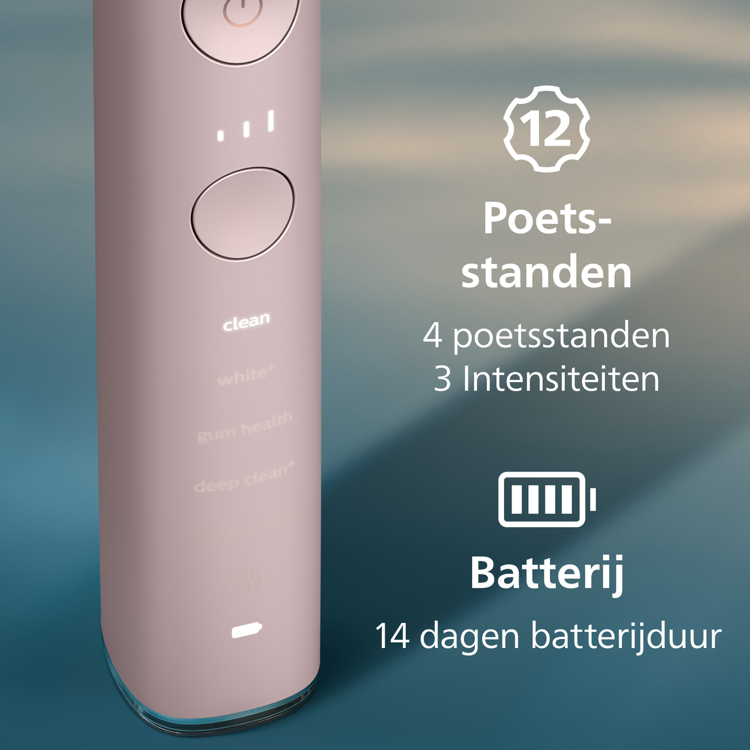 Een roze elektrische tandenborstel met verschillende instellingen en batterij-informatie. De tekst bevat 'clean', 'white+' en 'gum health'.