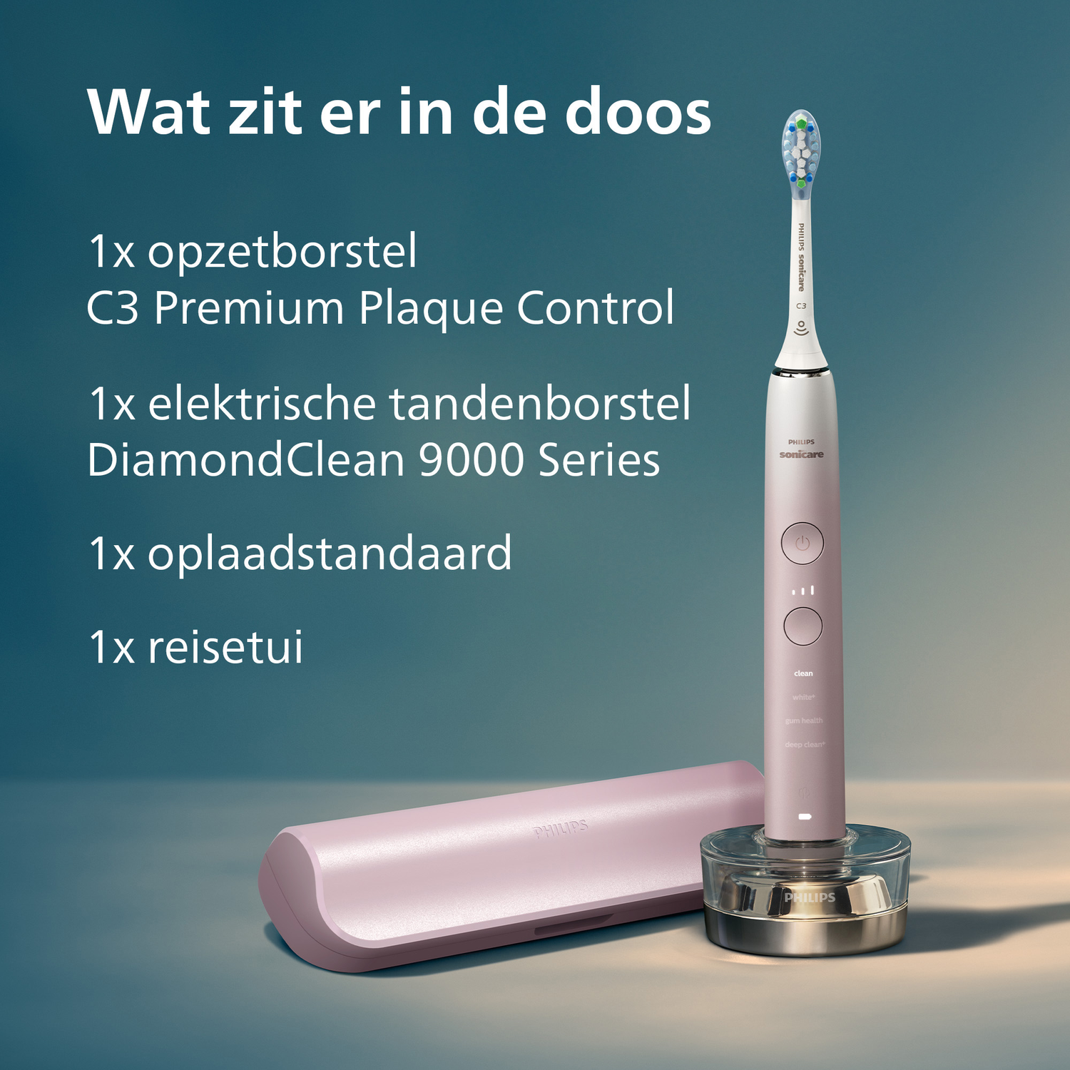 Een roze Philips Sonicare elektrische tandenborstel, oplader en reisetui worden getoond. Tekst geeft de inhoud van de doos weer.