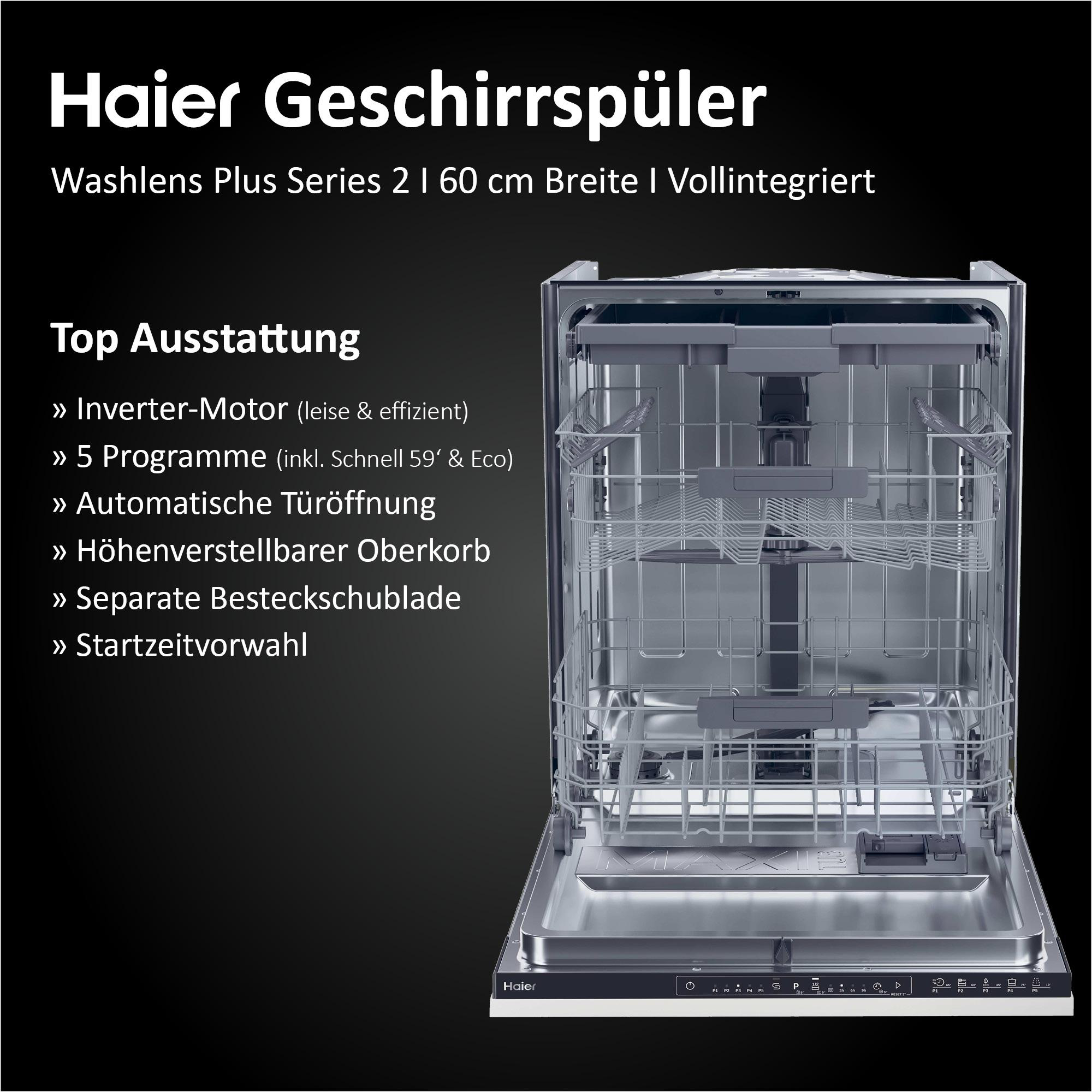 Offener Haier-Geschirrspüler mit Gestellen und Bedienelementen. Text hebt Funktionen hervor. Schwarzer Hintergrund.