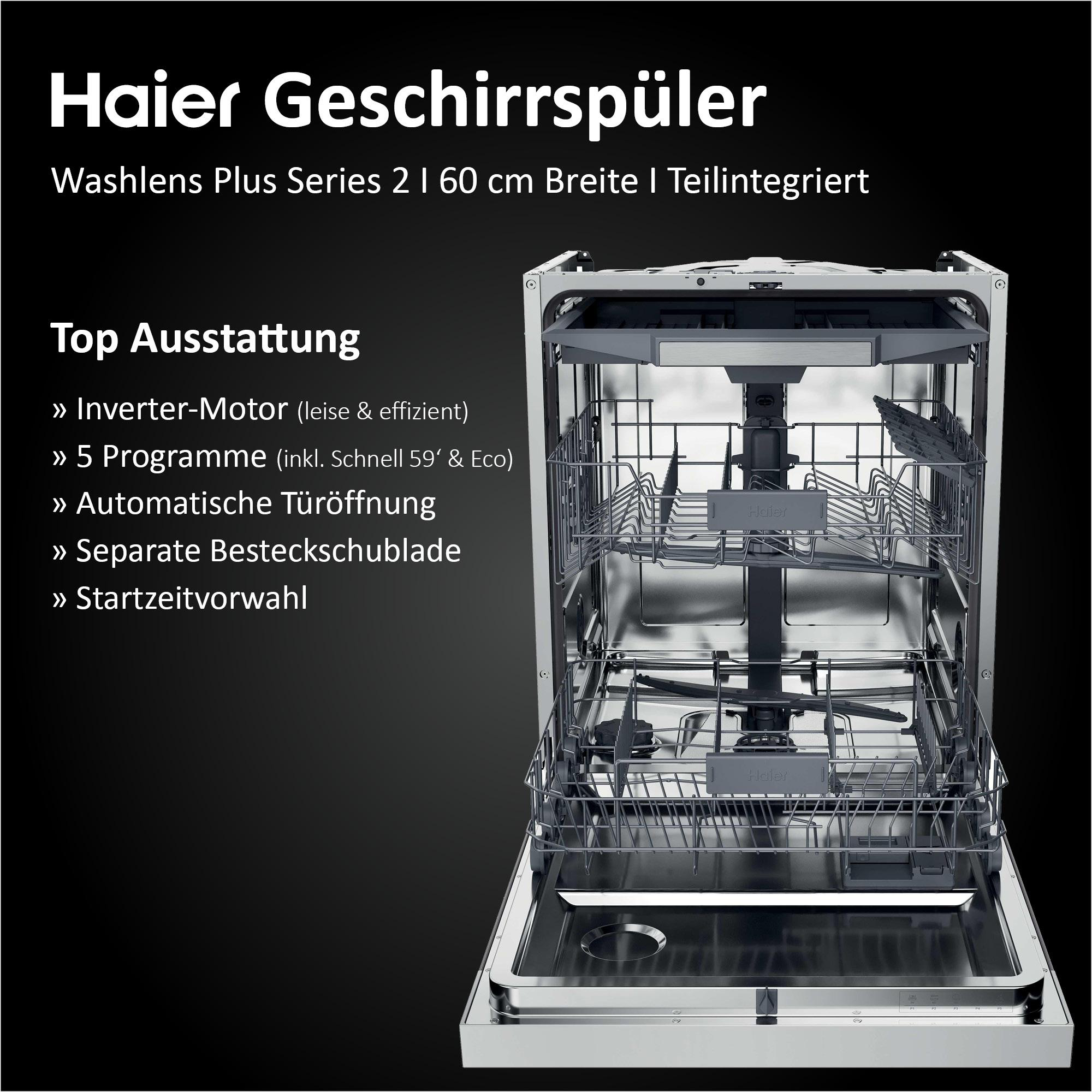 Geschirrspüler mit geöffneter Tür. Merkmale sind Inverter-Motor, 5 Programme, automatische Türöffnung und Besteckschublade.