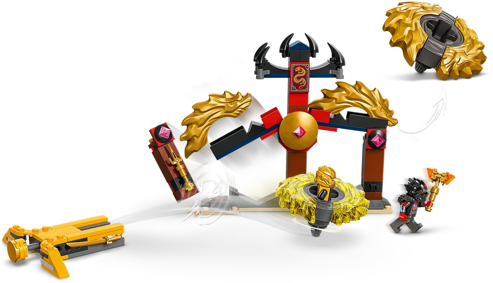 Zestaw Lego przedstawiający strukturę ze złotymi akcentami, pojazd i dwie minifigurki, na białym tle.