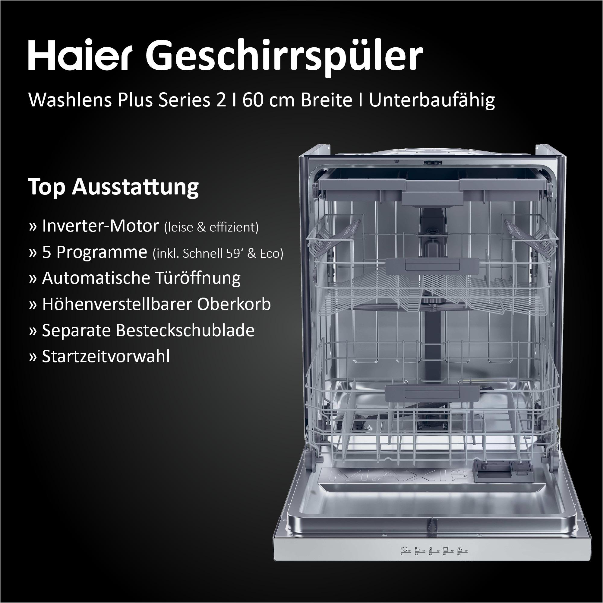 Geschirrspüler mit geöffneter Tür, die Gestelle zeigt. Text-Overlay: Haier Geschirrspüler, Top Ausstattung und Funktionen wie Invertermotor.