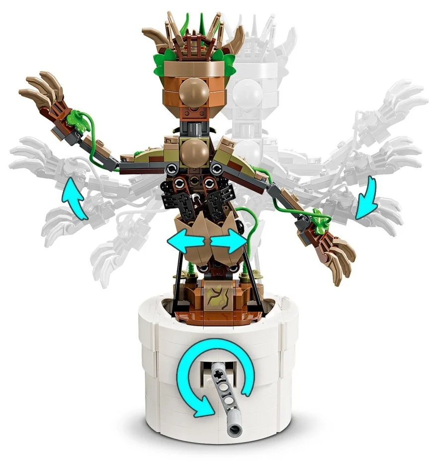 Figurka Lego Groot z ruchomymi ramionami i głową. Jest w białej doniczce, ze strzałkami pokazującymi zakres ruchu.