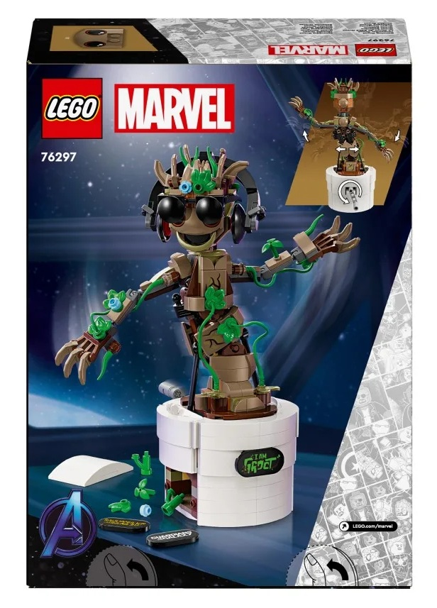 Pudełko zestawu Lego Marvel I am Groot. Figurka Groota ze słuchawkami i okularami przeciwsłonecznymi. Pudełko przedstawia Groota na białej podstawie, z logo Lego.