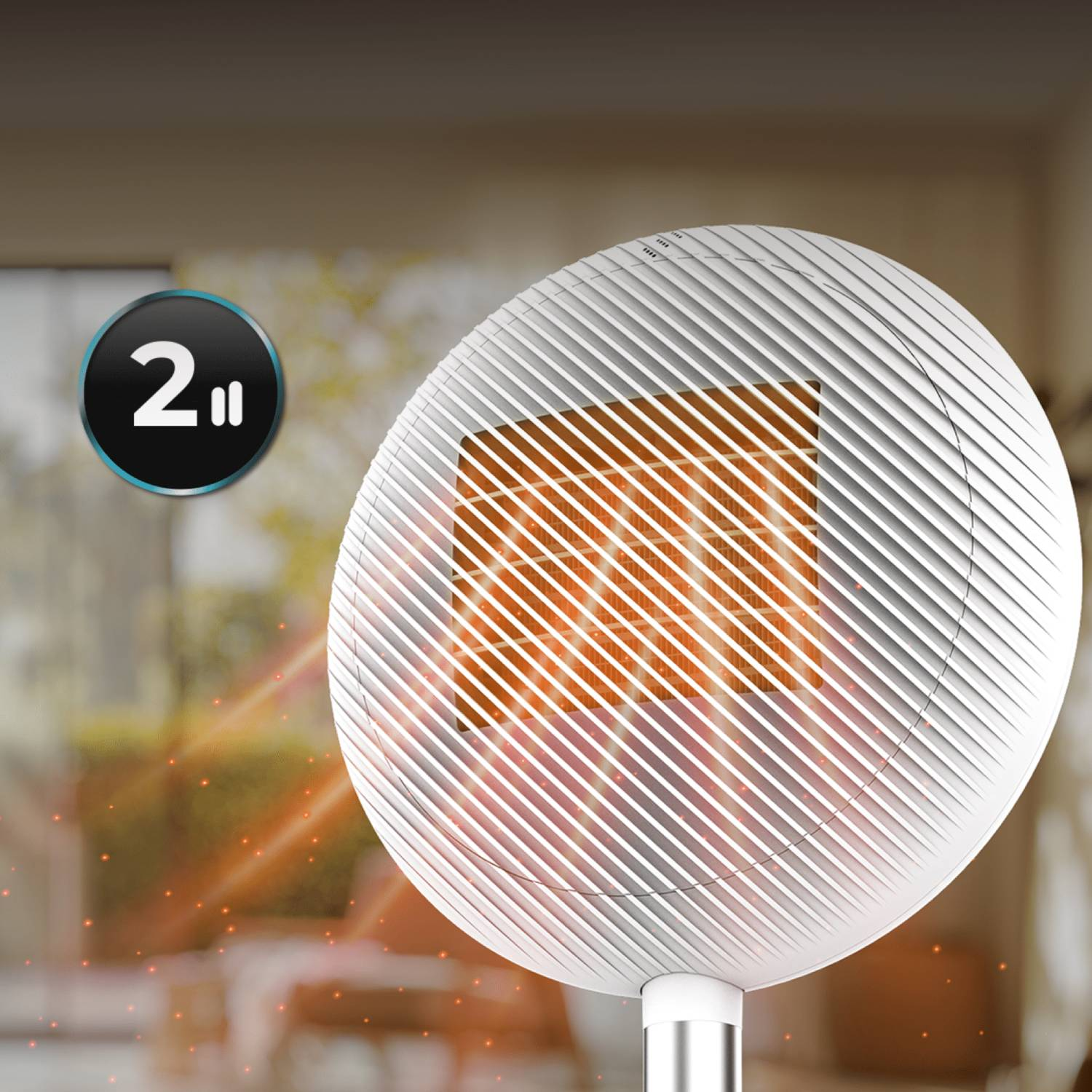 Un calefactor blanco y redondo con centro naranja brillante. Un círculo negro con '2"' arriba a la izquierda. Efectos de luz cálida.