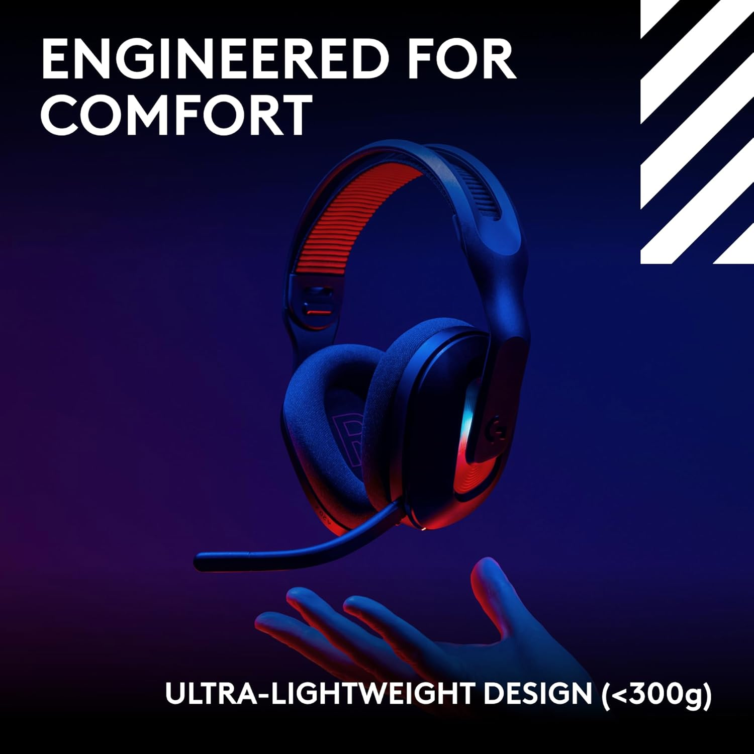 Un casque avec un design rouge et noir est tenu par une main. Le texte dit 'Engineered for comfort' et 'Ultra-lightweight design'.