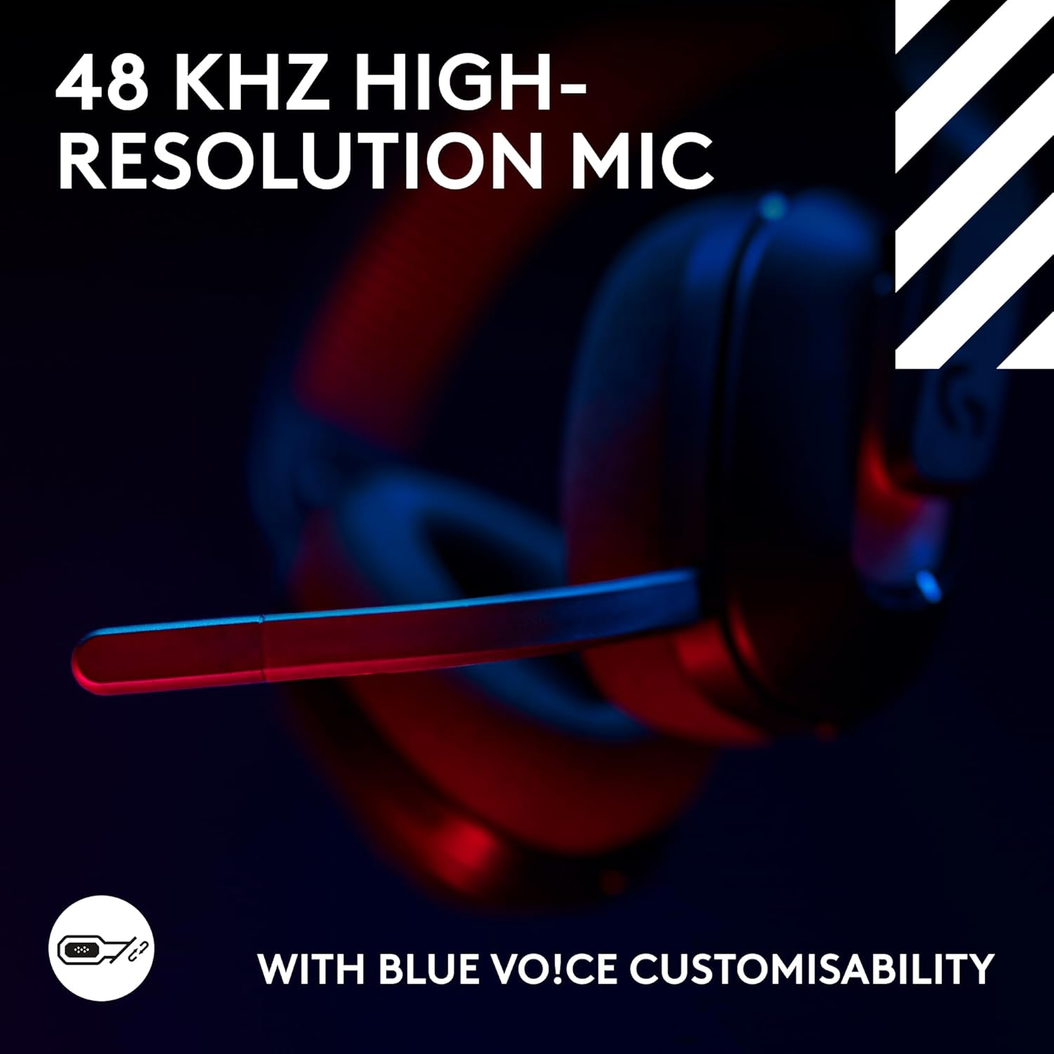 Casque avec micro. Lumières rouges et bleues. Texte : 48 KHZ HIGH-RESOLUTION MIC. Avec PERSONNALISATION BLUE VO!CE.