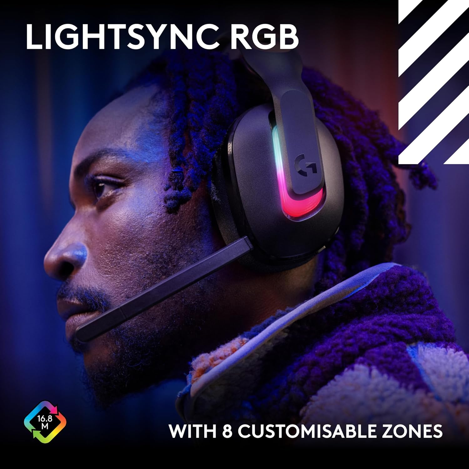 Une personne portant un casque avec lumières RVB. Texte : LIGHTSYNC RGB, AVEC 8 ZONES PERSONNALISABLES. Logo de 16,8 M couleurs.