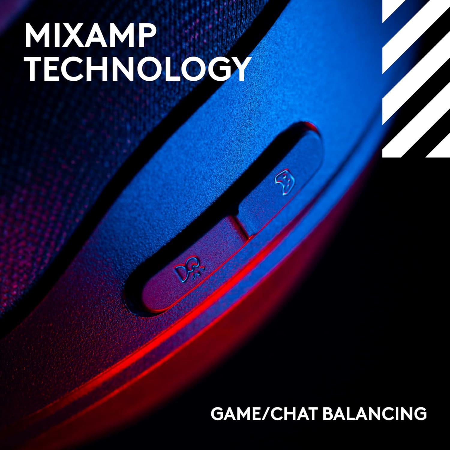 Gros plan sur un casque avec des boutons. Texte : Mixamp Technology, Équilibrage jeu/chat. Couleurs : rouge, bleu et noir.