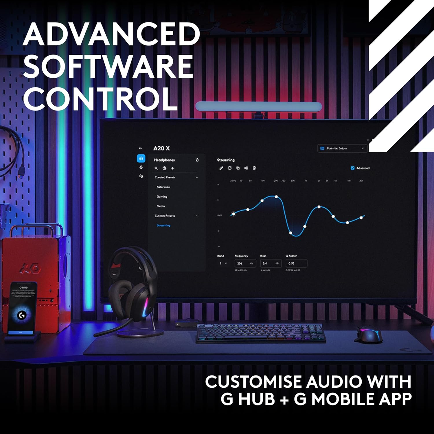 Une configuration de jeu montre un écran avec des paramètres audio, un casque, un clavier et une souris sur un bureau. Texte : 'ADVANCED SOFTWARE CONTROL'.