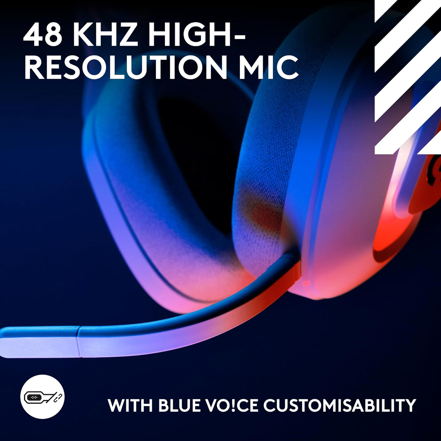 Casque avec micro, accents bleus, rouges et blancs, sur fond bleu foncé. Le texte indique '48 KHZ HIGH-RESOLUTION MIC'.
