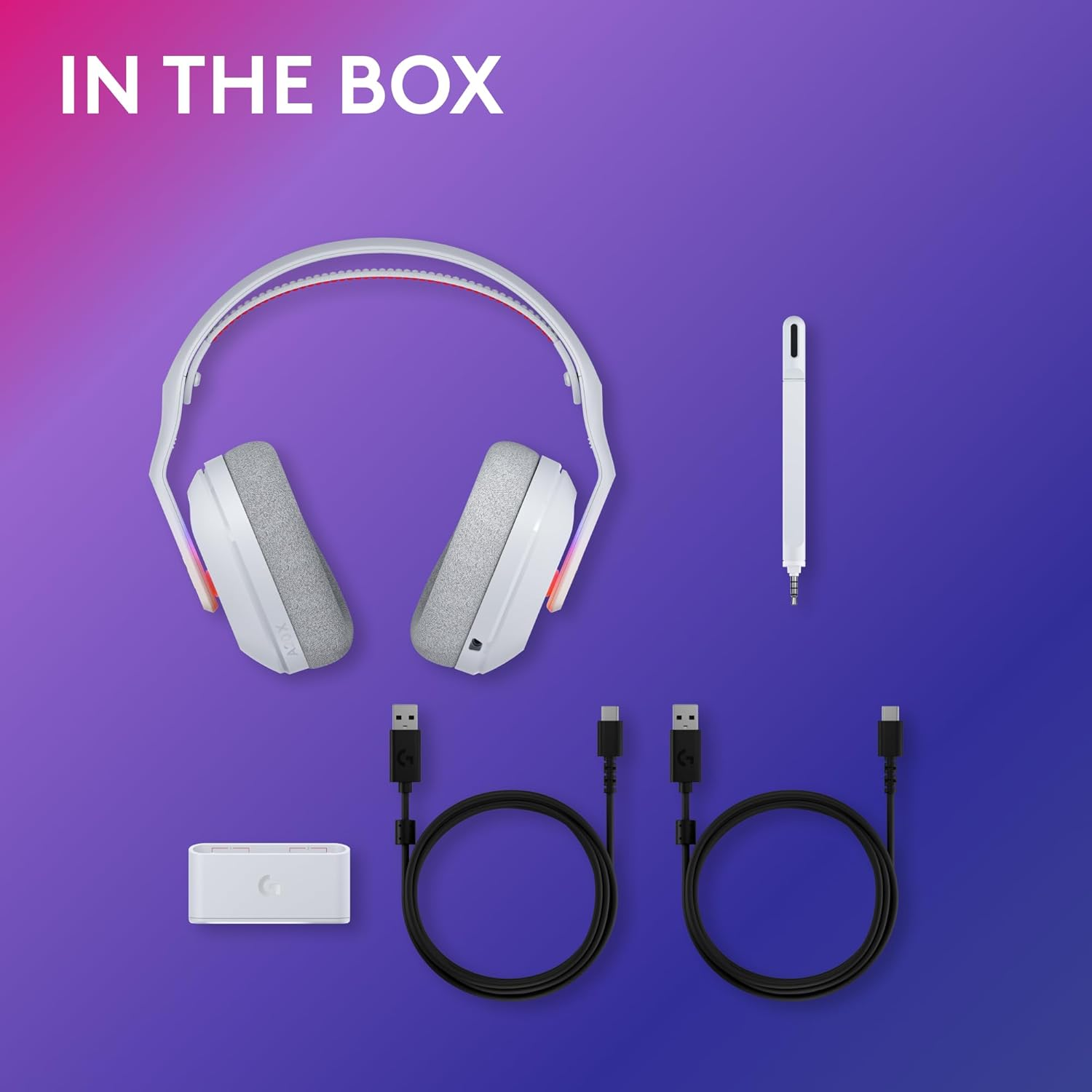 Casque blanc, câbles et récepteur disposés sur un fond dégradé violet, étiqueté 'IN THE BOX'.