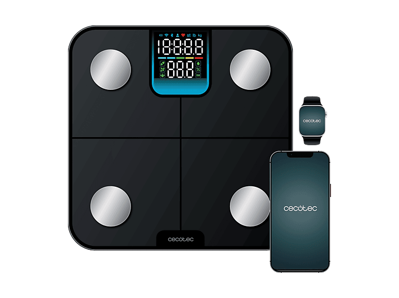 Báscula inteligente - Cecotec Surface Precision HealthySmart, App, Bluetooth ,25 Parámetros, 28x28 cm, pantalla LCD, 180 kg, Negro