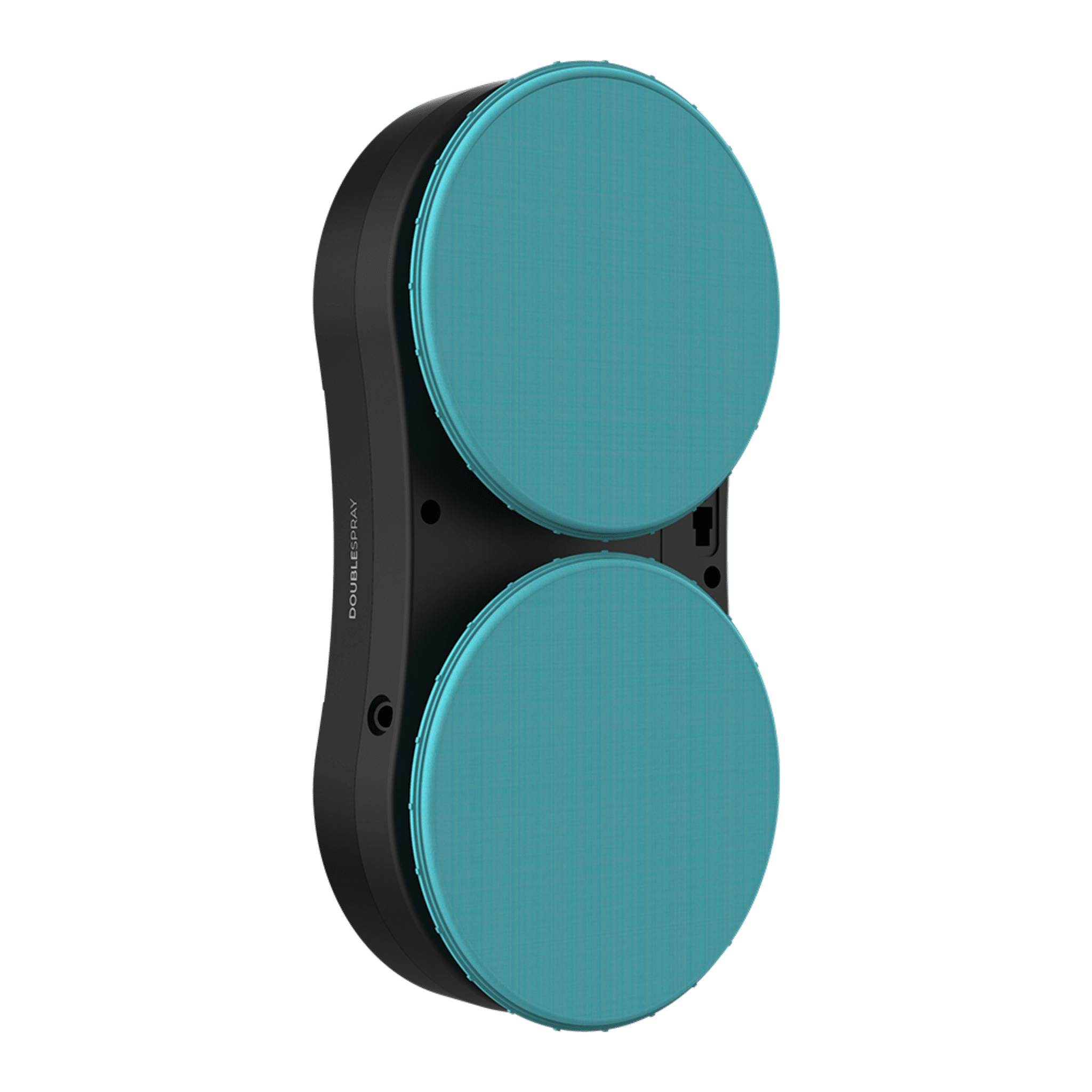 Un dispositivo negro con dos almohadillas circulares de color verde azulado, etiquetado como "DOUBLES PRAY", sobre un fondo verde.