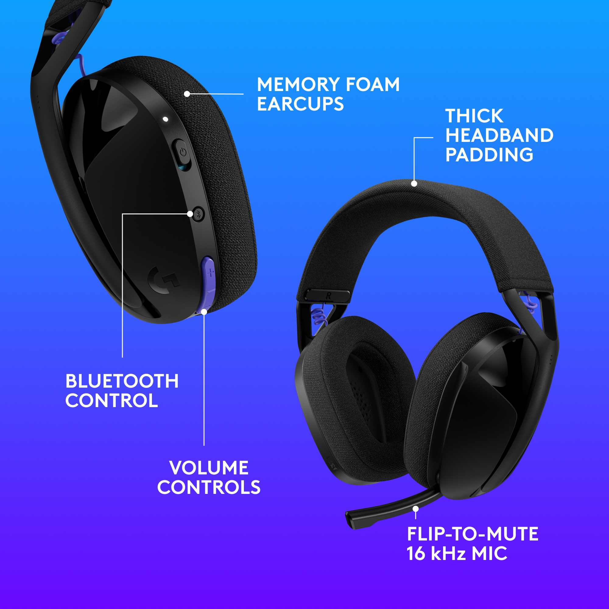 Cuffie da gioco nere con cuscinetti in memory foam, spessa imbottitura dell'archetto, controllo Bluetooth, controlli del volume e microfono.