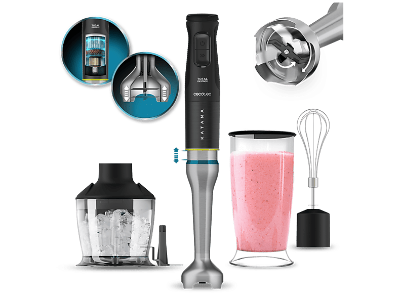 Batidora de mano - Cecotec Katana 15 TotalDestroy Chop B, 1500 W, 21 velocidades, Cuchillas titanio negro, Vaso 800 ml con tapa, Chopper, Negro