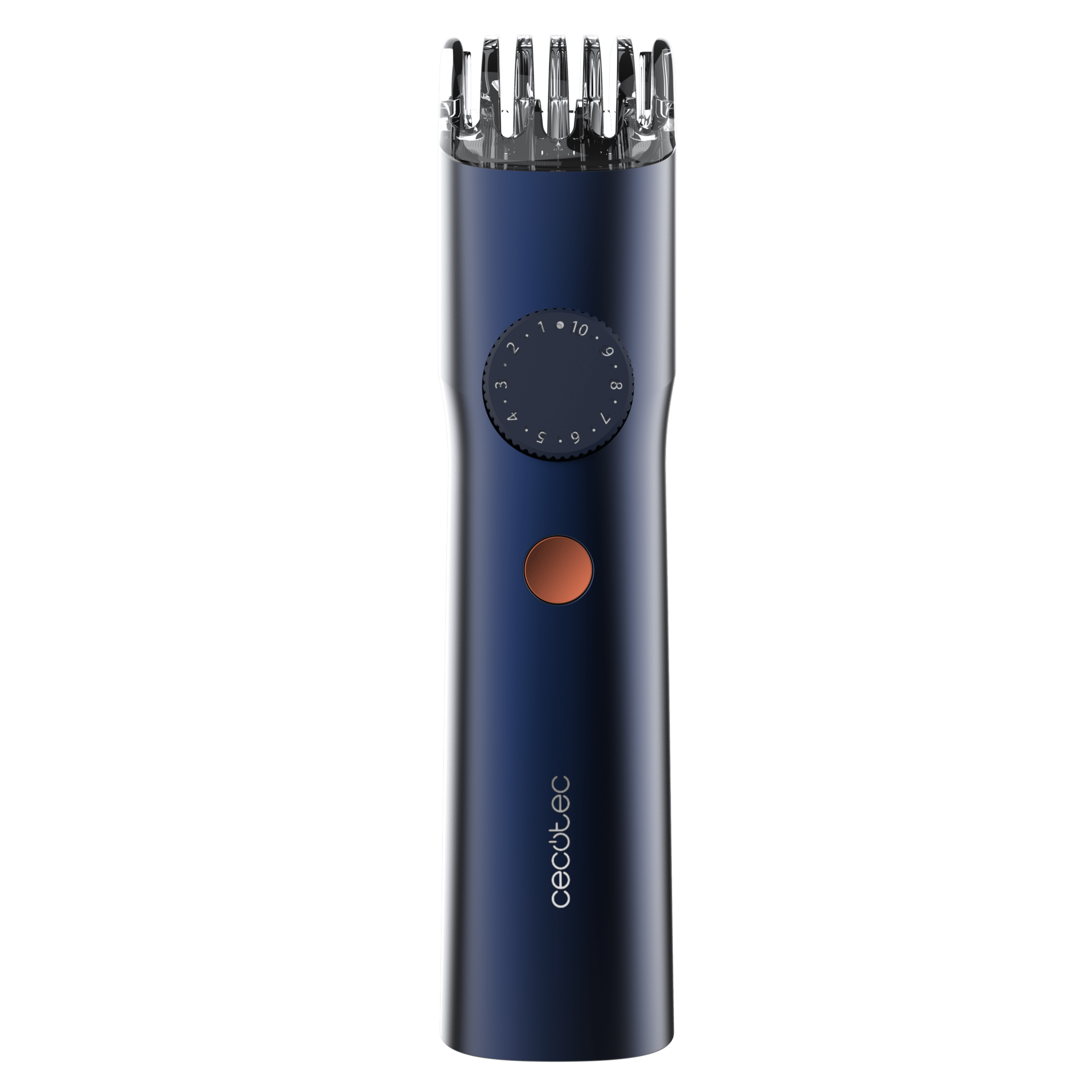 Una recortadora de barba azul con un dial, un botón naranja y la marca cecotec. El fondo es verde.