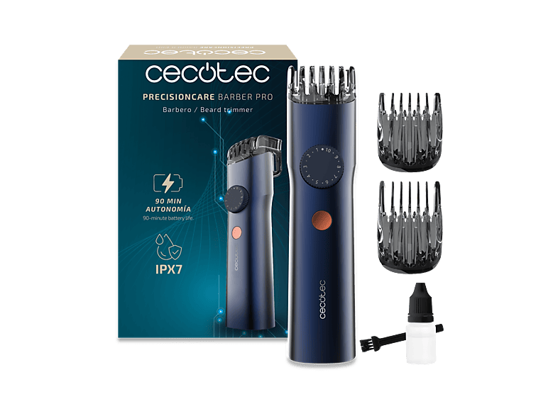 Barbero - Cecotec PrecisionCare Barber Pro, Autonomía 90 min, 2 peines guía ajustables, Pantalla LED, Waterproof IPX7, Cuchillas japonesas, Azul