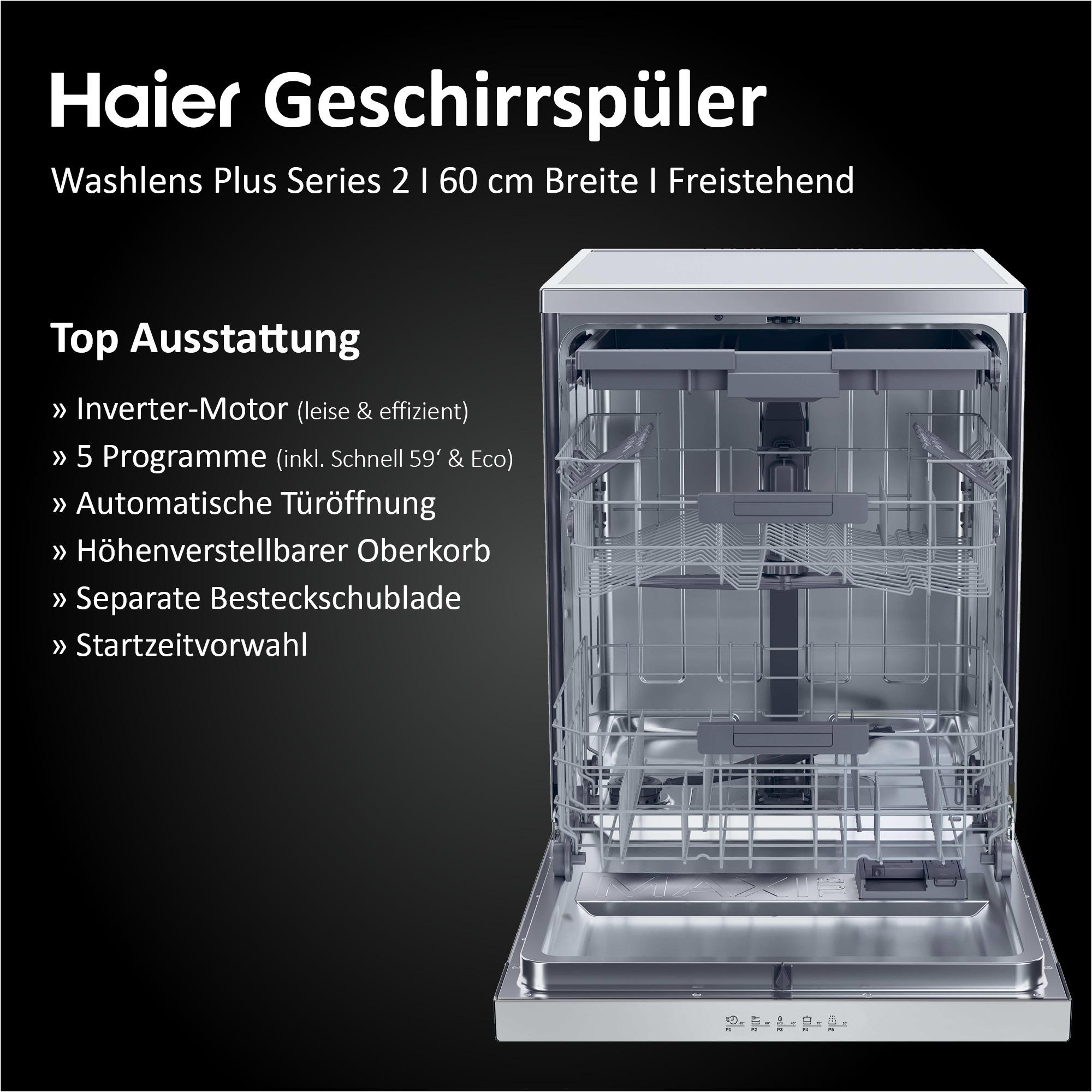 Geschirrspüler mit geöffneter Tür. Text zeigt Funktionen: Inverter-Motor, 5 Programme, automatische Tür, verstellbarer oberer Korb.