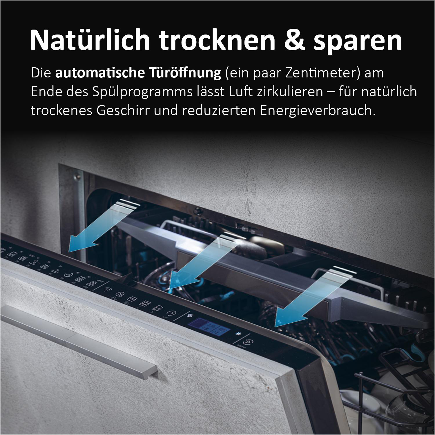 Geschirrspüler mit offener Tür. Pfeile zeigen Luftzirkulation. Text: Natürlich trocknen & sparen.