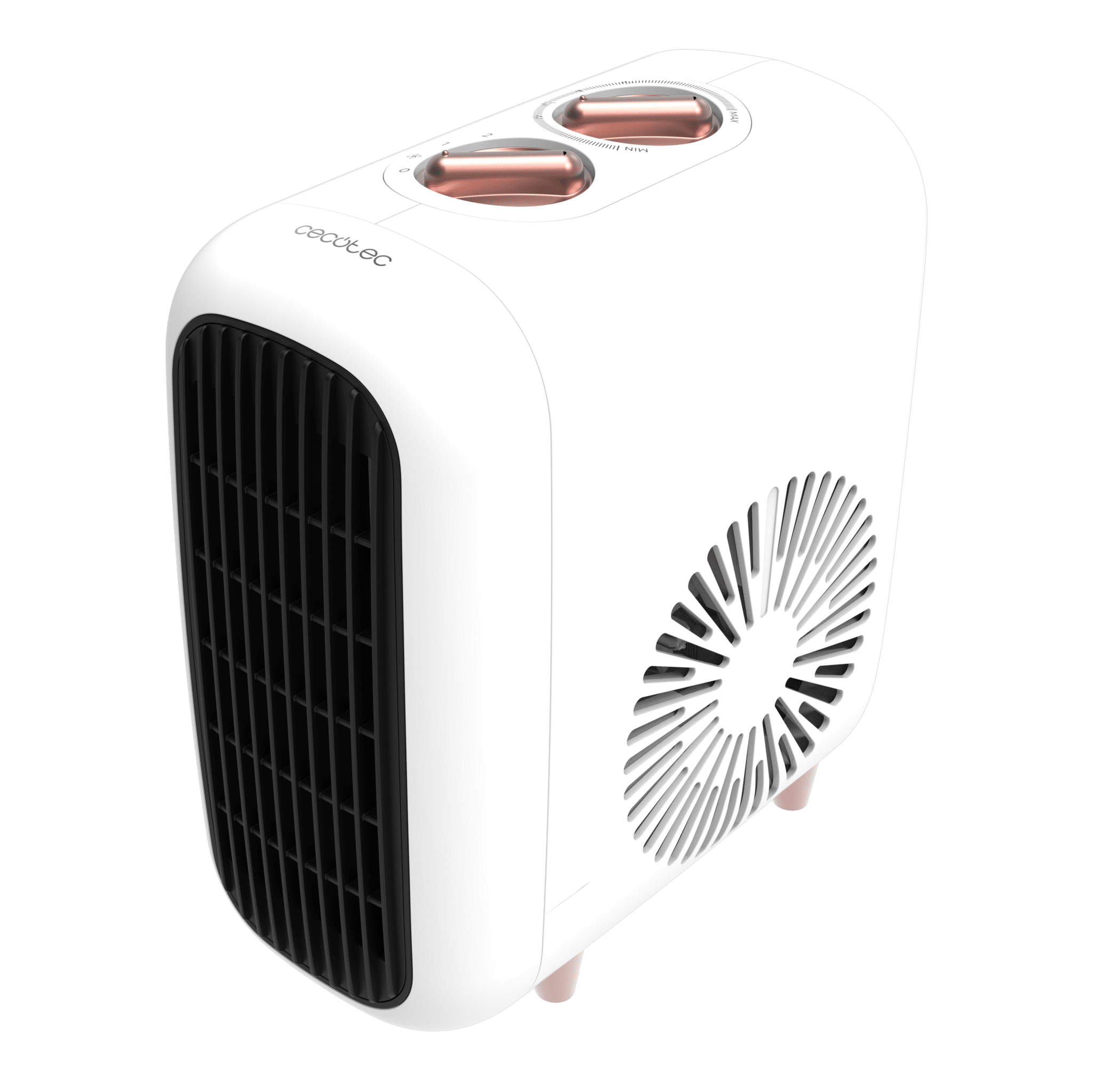 Calentador eléctrico blanco con rejilla negra, controles dorados y ventilador. El fondo es verde.