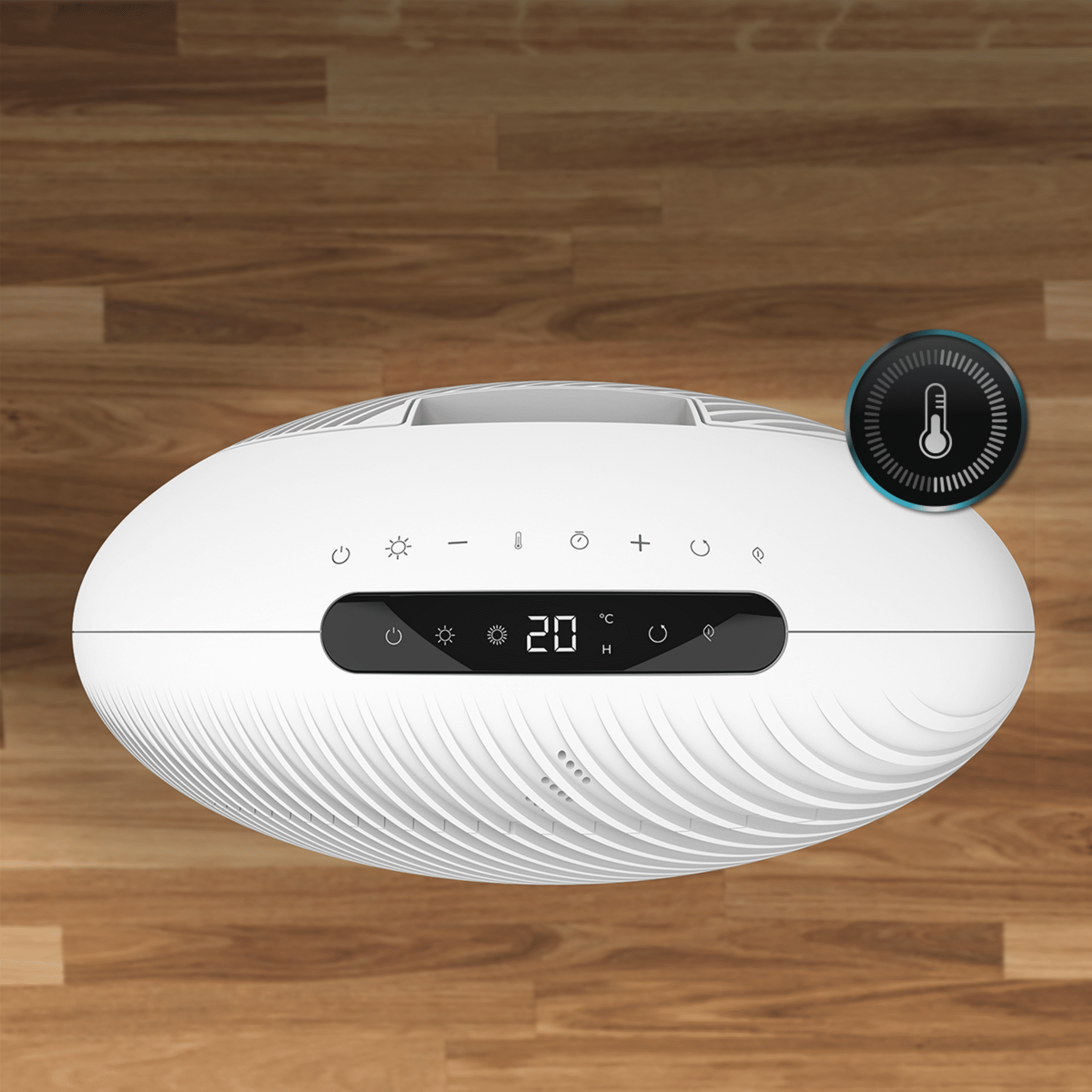 Purificador de aire blanco con pantalla digital que muestra 20 grados. Está sobre un piso de madera y tiene un sensor de temperatura.