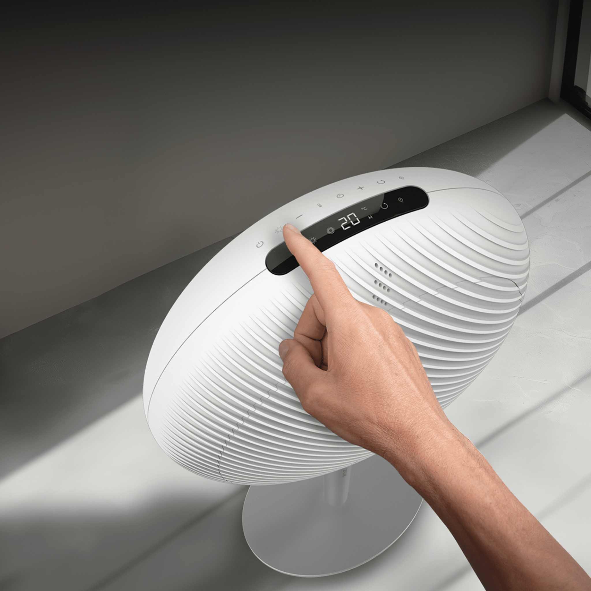Una mano tocando el botón de un ventilador blanco con una pantalla digital que muestra 20 grados Celsius.