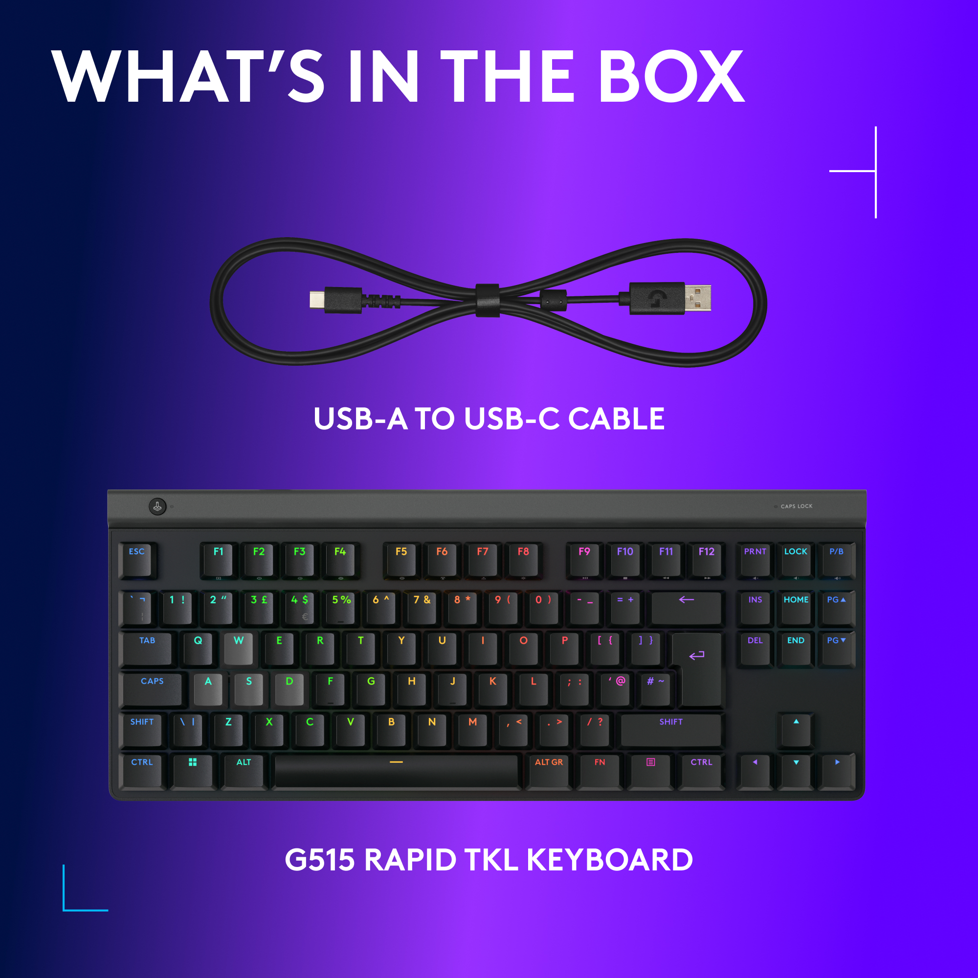 L'immagine mostra una tastiera e un cavo USB. Il testo dice 'Cosa c'è nella scatola?' e 'G515 RAPID TKL KEYBOARD'.