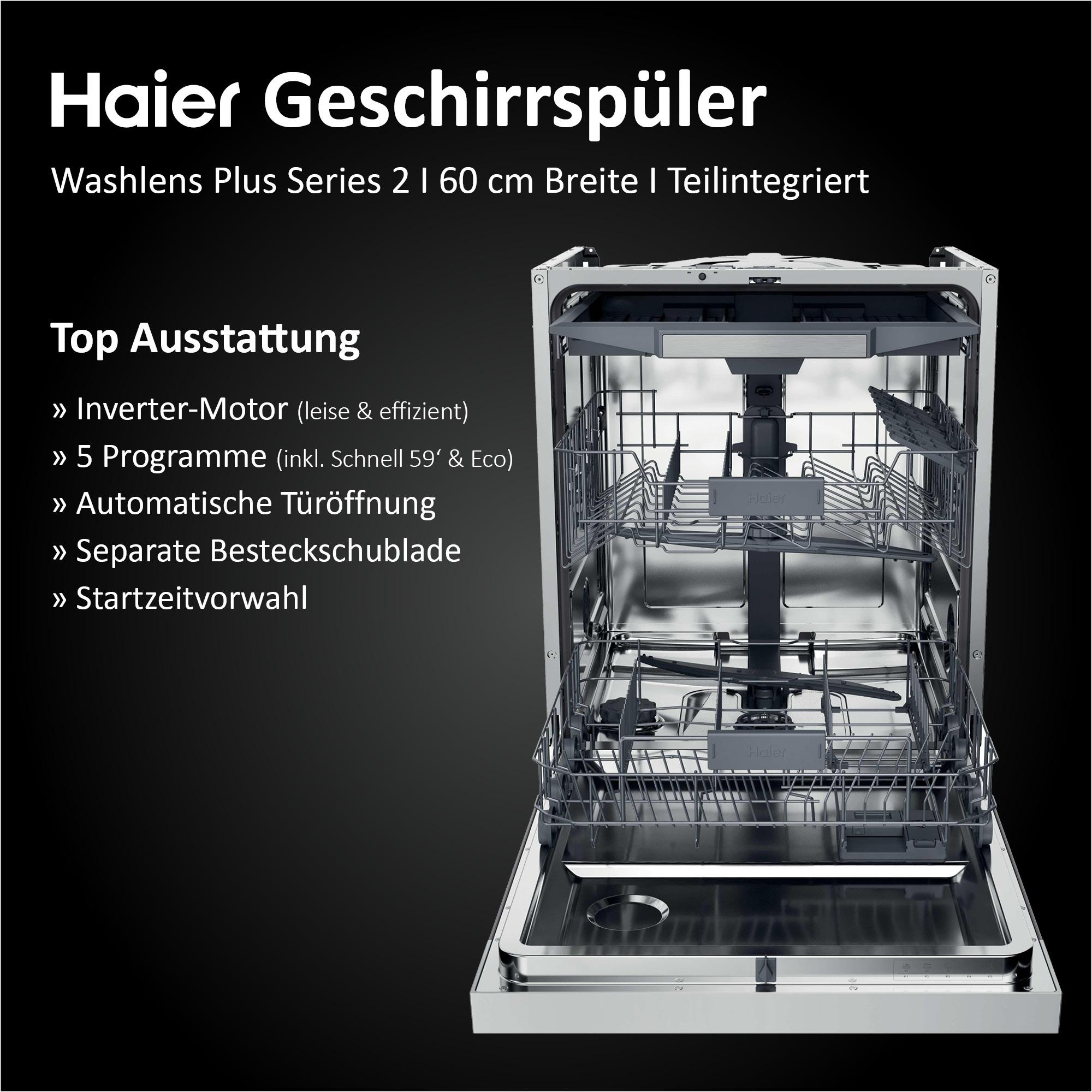 Ein Haier-Geschirrspüler mit offener Tür. Text links enthält 'Top Ausstattung' und Funktionen wie Inverter-Motor und 5 Programme.