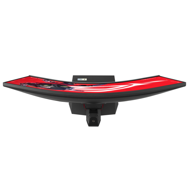 Monitor curvo para juegos, diseño rojo y negro. La pantalla muestra gráficos coloridos. Soporte negro con funciones de ajuste. Aislado sobre negro.
