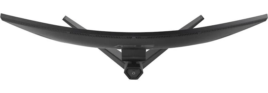 Un monitor de computadora negro curvo desde arriba. El monitor tiene un soporte y la marca ASUS es visible.