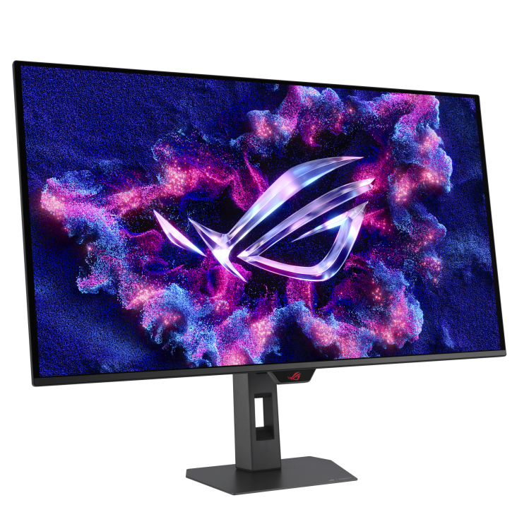 Un monitor curvo muestra una imagen abstracta con el logotipo de ROG. El monitor es negro y tiene un soporte negro.