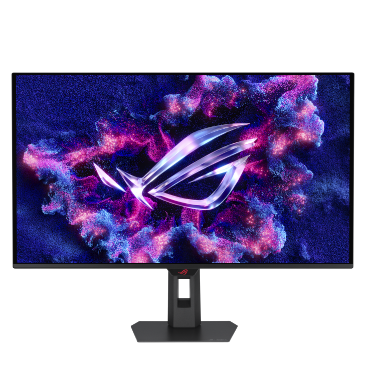 Un monitor que muestra un logotipo y partículas abstractas azules y rosas. El monitor es negro con un soporte negro.