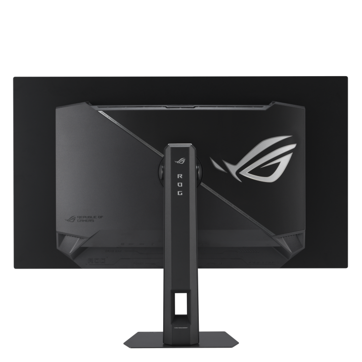 La parte trasera de un monitor gaming negro muestra el logotipo de ROG. El soporte y el panel trasero son negros. El texto 'Republic of Gamers' es visible.