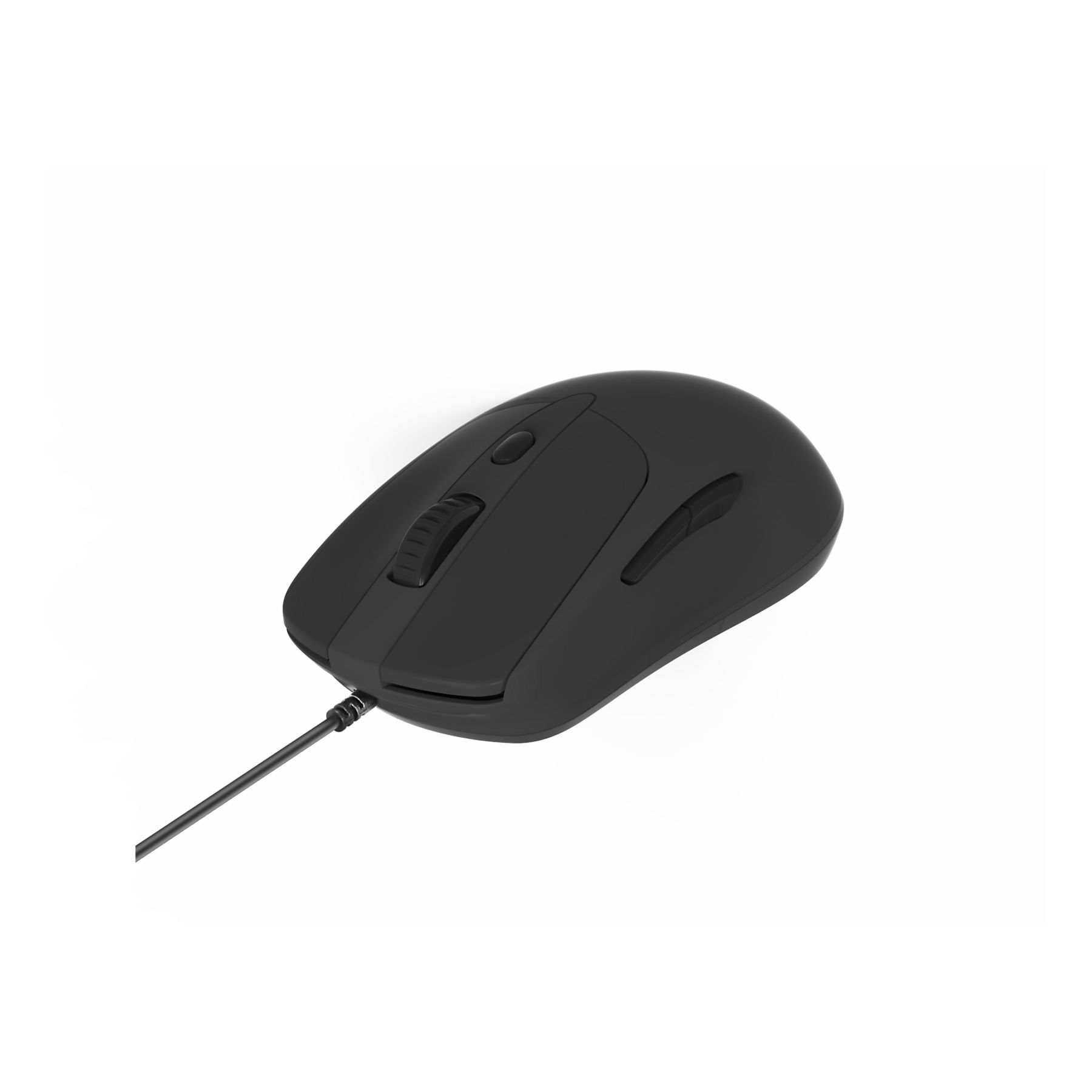 Un ratón de ordenador negro con una rueda de desplazamiento y dos botones, conectado a un cable negro. Fondo blanco.