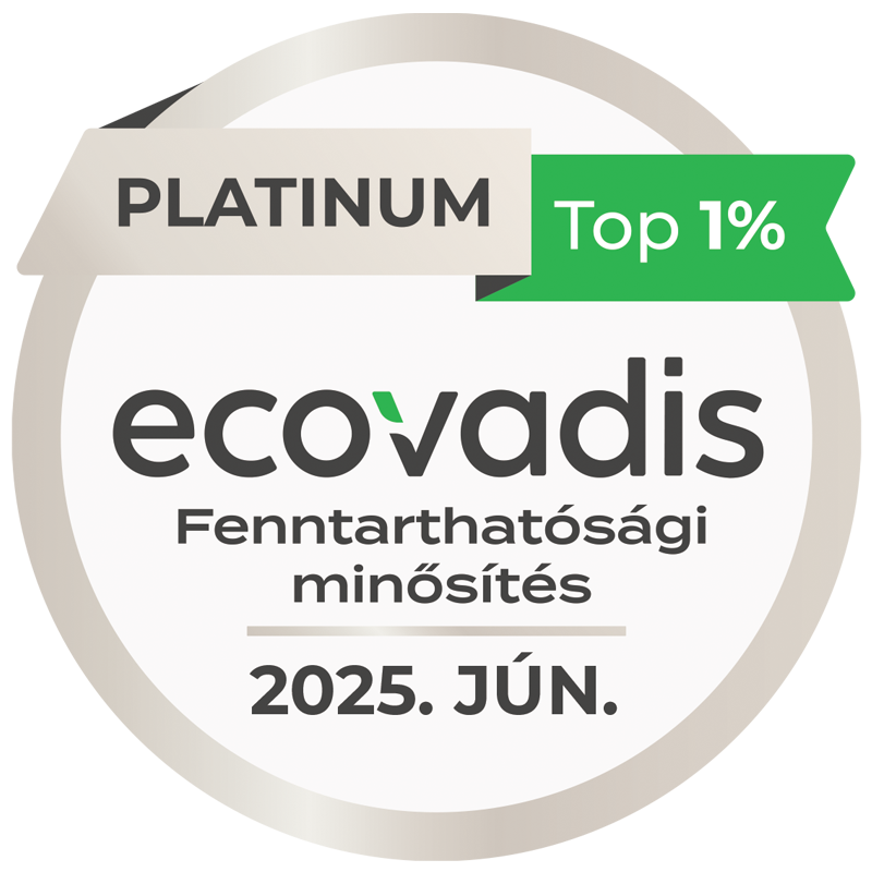 A képen az Ecovadis logója, a 'Platinum' és 'Top 1%' felirat látható. Azt is írja, hogy 'Fenntarthatósági minősítés' és '2025. JÚN'.