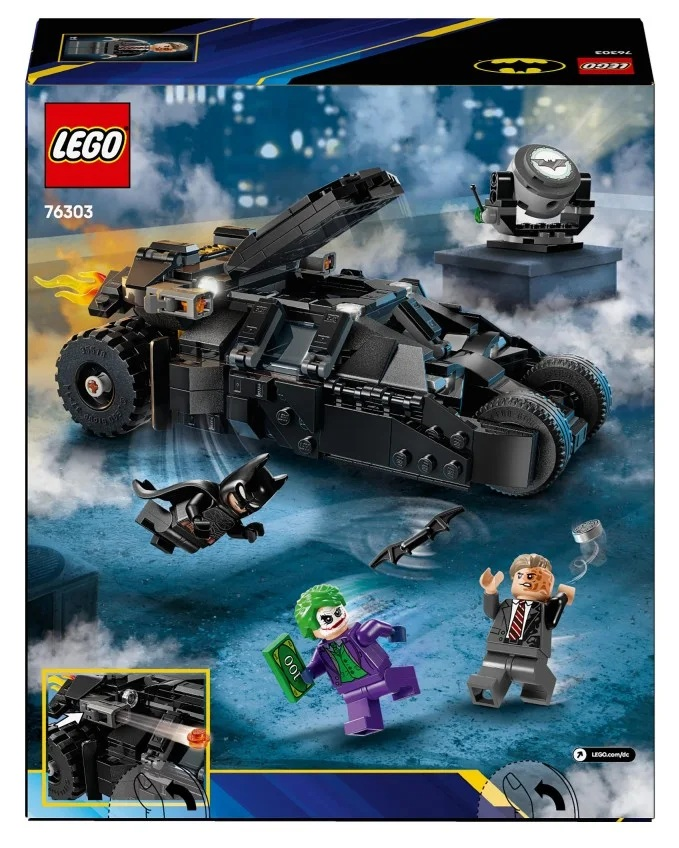 Zestaw Lego przedstawiający Batmana Tumblera i minifigurki Batmana, Jokera i Dwie Twarze. Tło to krajobraz miejski Gotham.