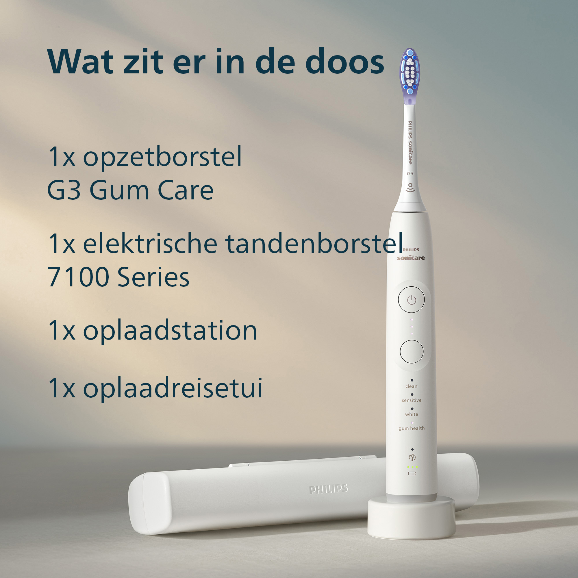 Image shows a Philips Sonicare toothbrush with accessories: brush head, charger, travel case. Text: What is in the box?