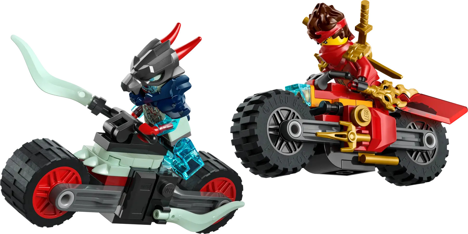 Dwa motocykle Lego. Jeden jest czarny i turkusowy z jeźdźcem-duchem. Drugi jest czerwony z ninja.
