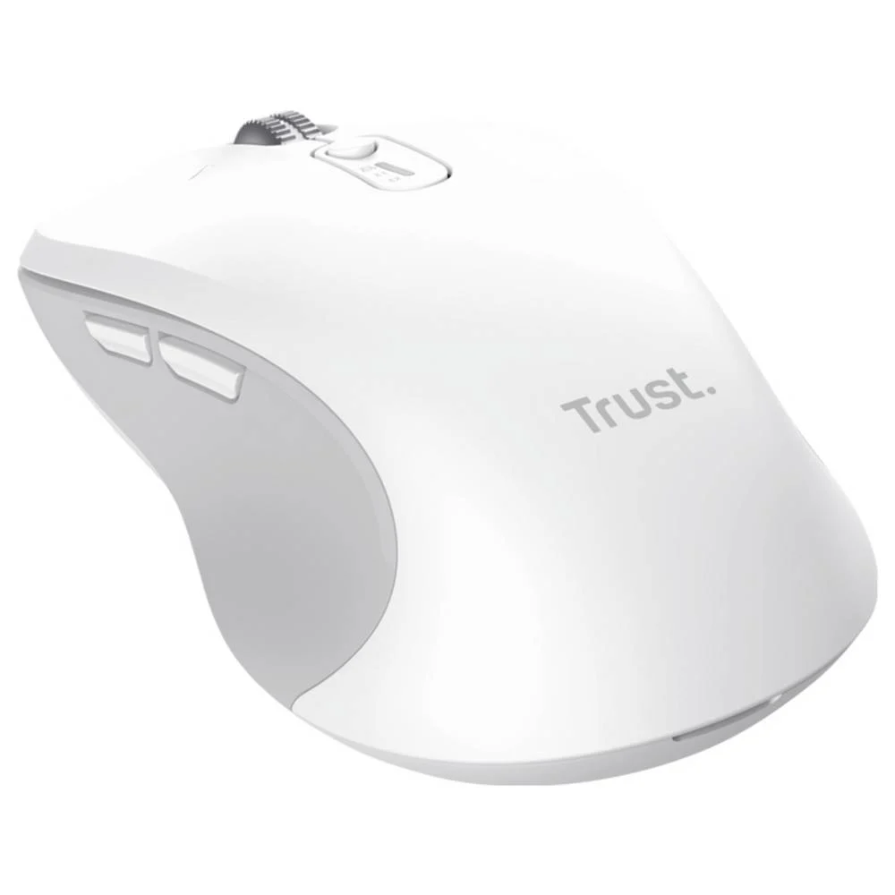 Un ratón de ordenador inalámbrico blanco con un acento gris. Tiene una rueda de desplazamiento, el logotipo de Trust y dos botones laterales.