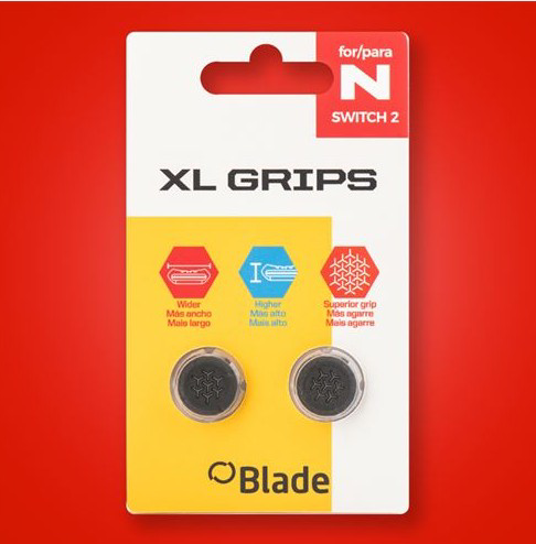 Paquete de agarres XL para Nintendo Switch 2. Características: más ancho, alto y agarre superior. Logotipo de Blade abajo.